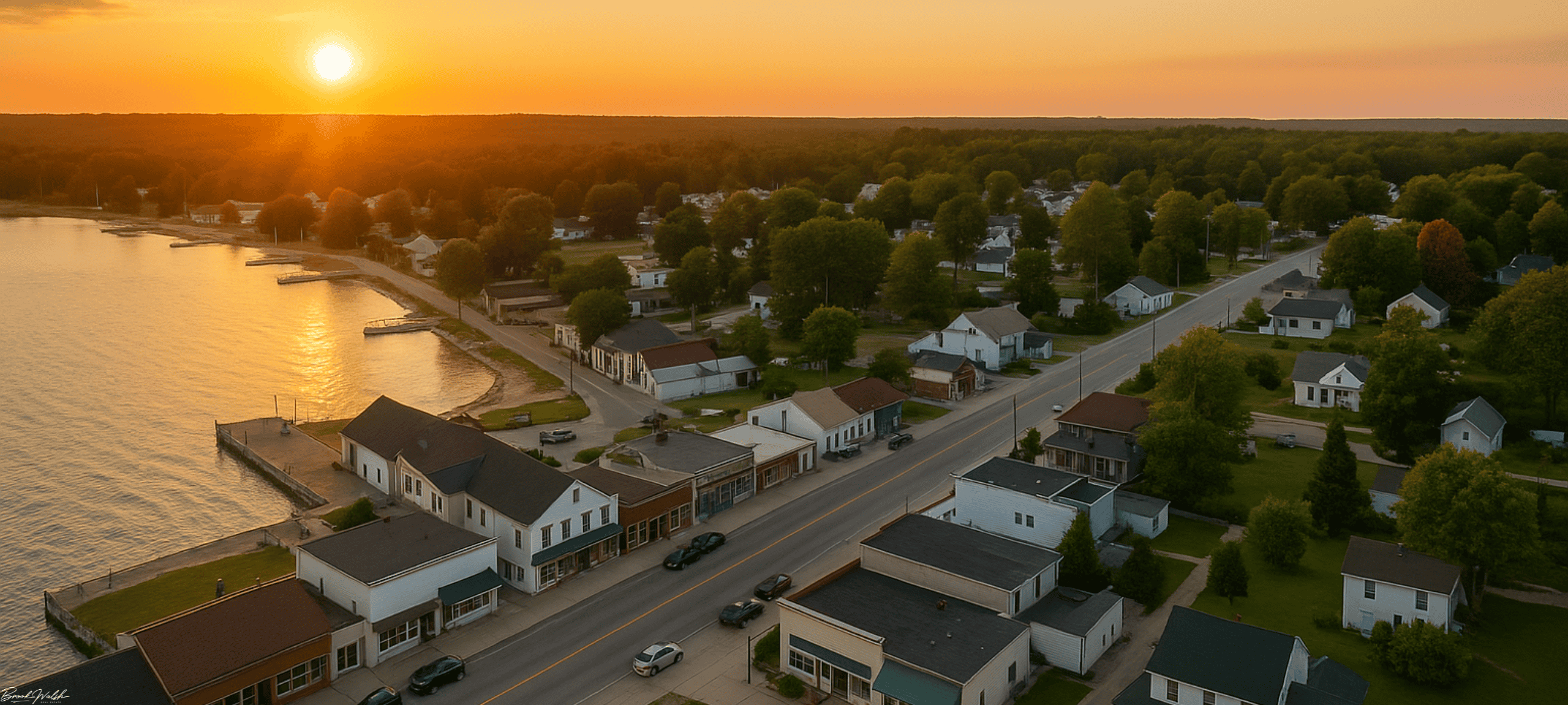 Aerial view of Beaver Island village with commercial storefronts and waterfront properties at sunset